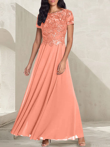 Vestido largo de madre de la novia con escote redondo, corte A, color gris carbón y cuentas