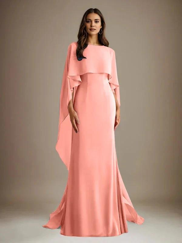 Sheath/Column Boatneck Floor-Length Chiffon Mother of the Bride Dress With Cascading Ruffles by Dreamylily