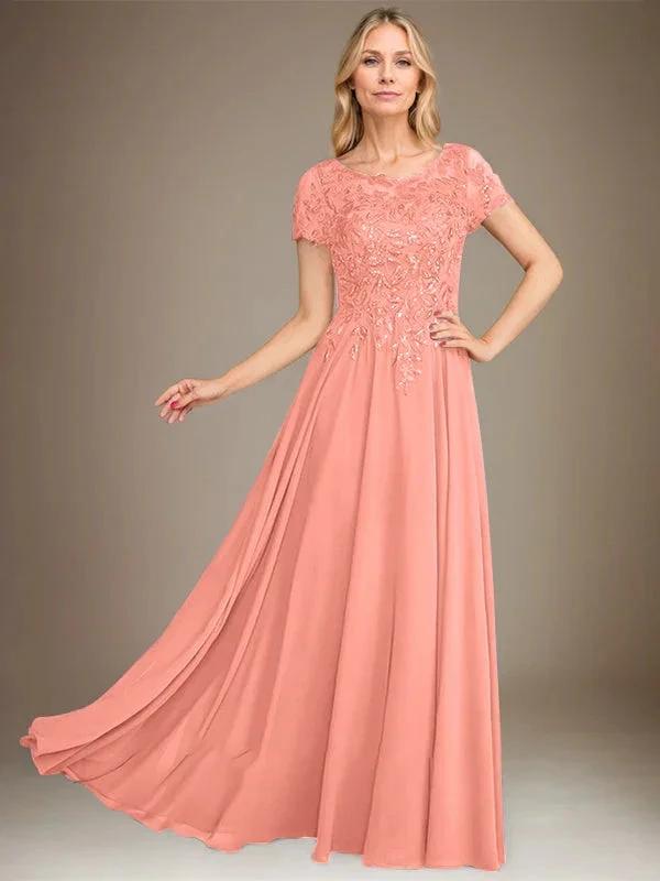A-Line Scoop Floor-Length Chiffon Mother of the Bride Dress With Applique & Sequins by Dreamylily