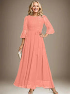 A-line Scoop Ankle-Length Lace Chiffon Mother of the Bride Dress With Bow by Dreamylily