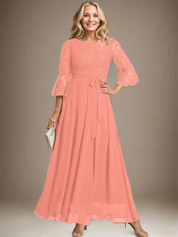 A-line Scoop Ankle-Length Lace Chiffon Mother of the Bride Dress With Bow by Dreamylily