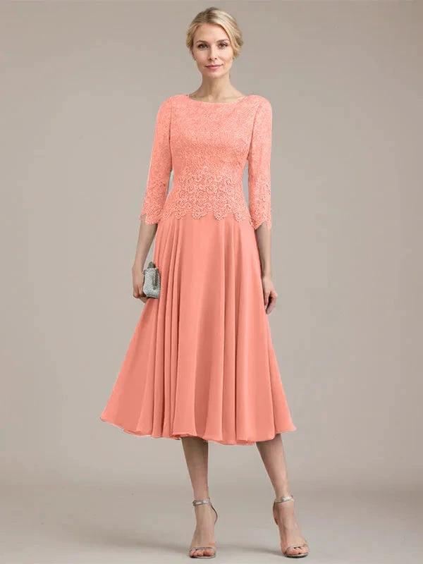 A-line Scoop Tea-Length Lace Chiffon Mother of the Bride Dress by Dreamylily