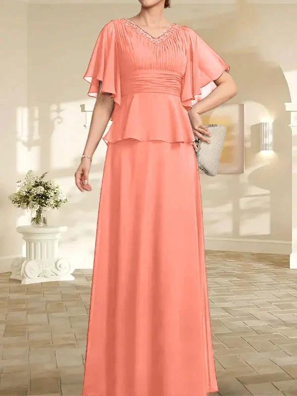 A-line V-Neck Floor-Length Chiffon Mother of the Bride Dress With Pleated Beading by Dreamylily
