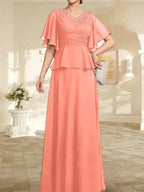 A-line V-Neck Floor-Length Chiffon Mother of the Bride Dress With Pleated Beading by Dreamylily