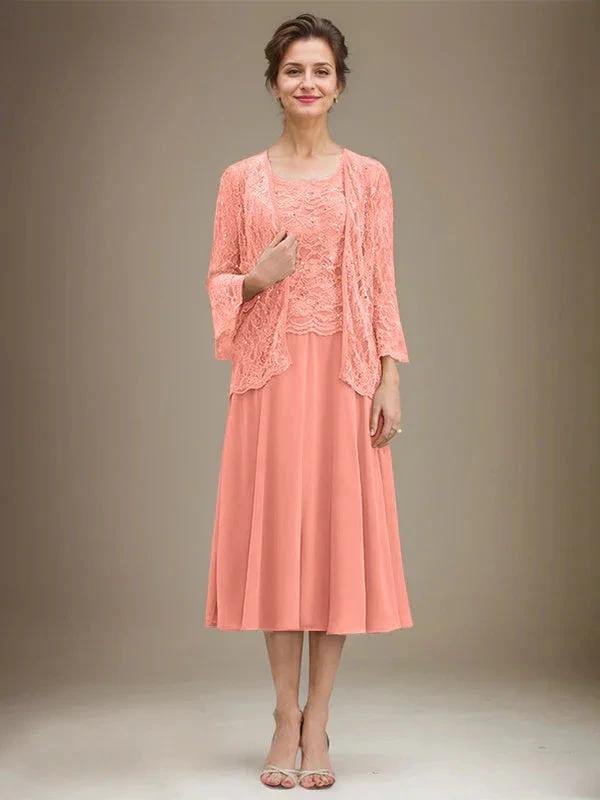 A-line Scoop Tea-Length Lace Chiffon Mother of the Bride Dress With Sequins by Dreamylily