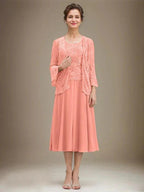 A-line Scoop Tea-Length Lace Chiffon Mother of the Bride Dress With Sequins by Dreamylily