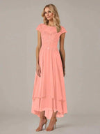 A-line Boat Neck Illusion Asymmetrical Chiffon Lace Mother of the Bride Dress With Applique Pleats by Dreamylily
