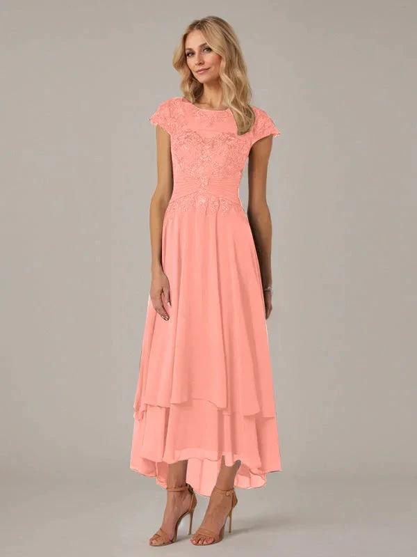 A-line Boat Neck Illusion Asymmetrical Chiffon Lace Mother of the Bride Dress With Applique Pleats by Dreamylily