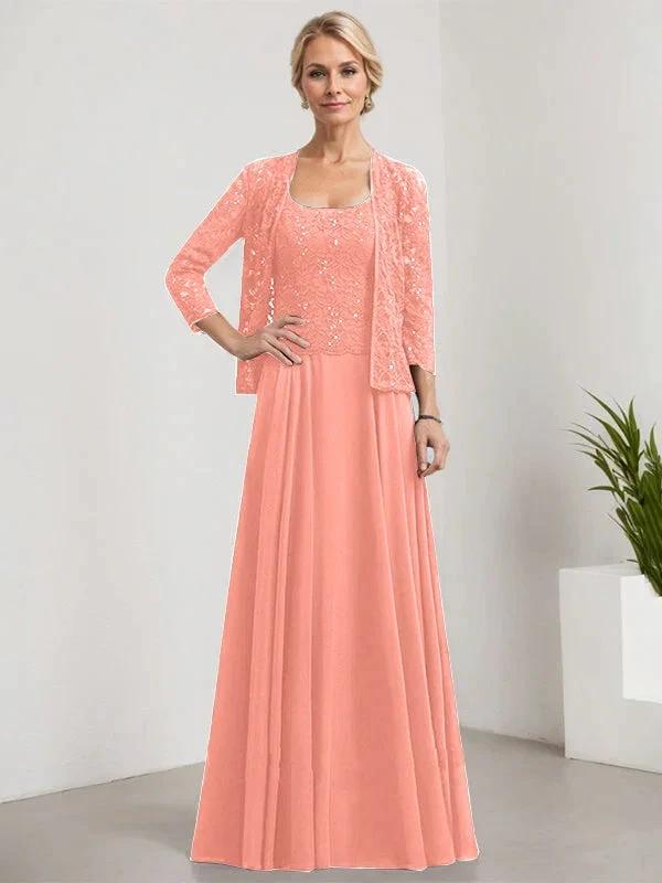 A-line Square Floor-Length Lace Chiffon Mother of the Bride Dress With Sequins by Dreamylily