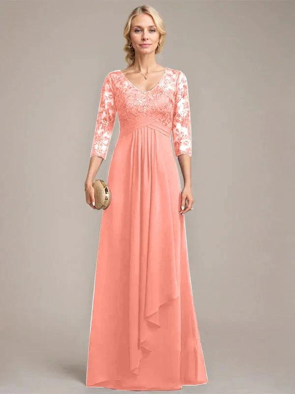A-line V-Neck Floor-Length Lace Chiffon Mother of the Bride Dress With Cascading Ruffles Sequins by Dreamylily