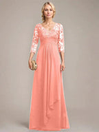 A-line V-Neck Floor-Length Lace Chiffon Mother of the Bride Dress With Cascading Ruffles Sequins by Dreamylily