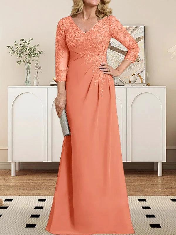 Sheath/Column V-Neck Illusion Floor-Length Lace Chiffon Mother of the Bride Dress With Pleated Sequins by Dreamylily