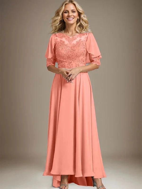 A-line Scoop Illusion Asymmetrical Chiffon Lace Mother of the Bride Dress With Beading by Dreamylily