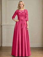 A-line Scoop Illusion Floor-Length Satin Lace Mother of the Bride Dress With Sequins Bow by Dreamylily
