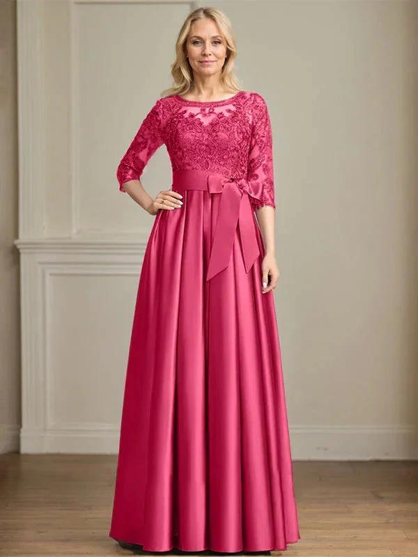 A-line Scoop Illusion Floor-Length Satin Lace Mother of the Bride Dress With Sequins Bow by Dreamylily