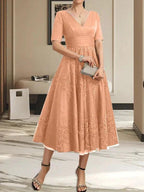 A-line V-Neck Tea-Length Tulle Lace Mother of the Bride Dress With Pleated by Dreamylily