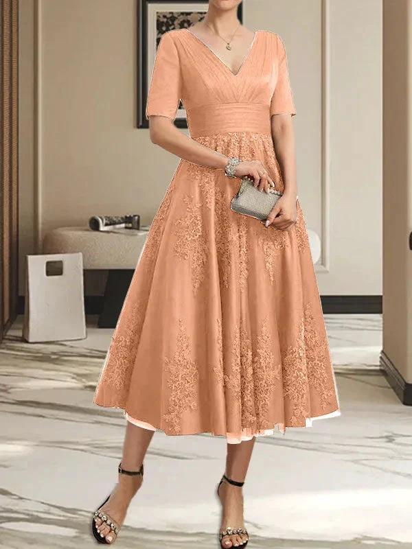 A-line V-Neck Tea-Length Tulle Lace Mother of the Bride Dress With Pleated by Dreamylily