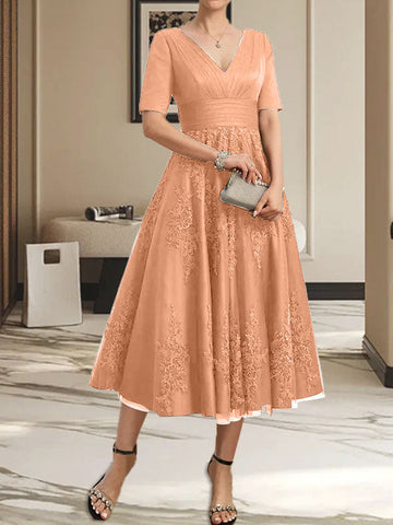 A-line V-Neck Tea-Length Tulle Lace Mother of the Bride Dress With Pleated
