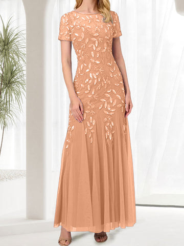 Vestido largo de sirena azul con cuello redondo para madre de la novia con cuentas