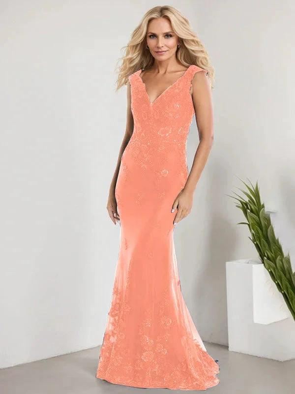 A-line V-Neck Floor-Length Lace Chiffon Mother of the Bride Dress With Applique Sequins Mermaid Dresses by Dreamylily