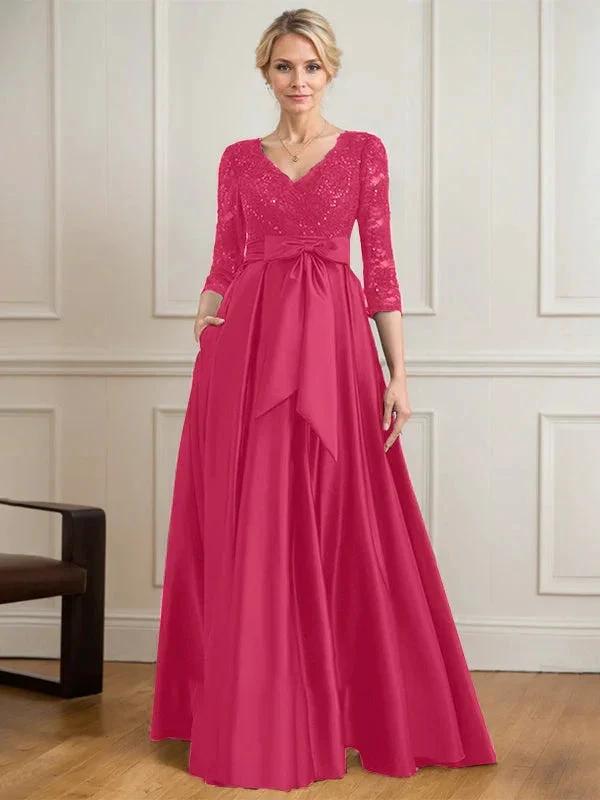 A-line V-Neck Floor-Length Satin Lace Mother of the Bride Dress With Sequins Bow by Dreamylily