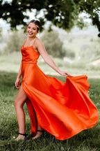 Cowl Neck Satin Formal Dress With Slit SYP122 by vivymakudress