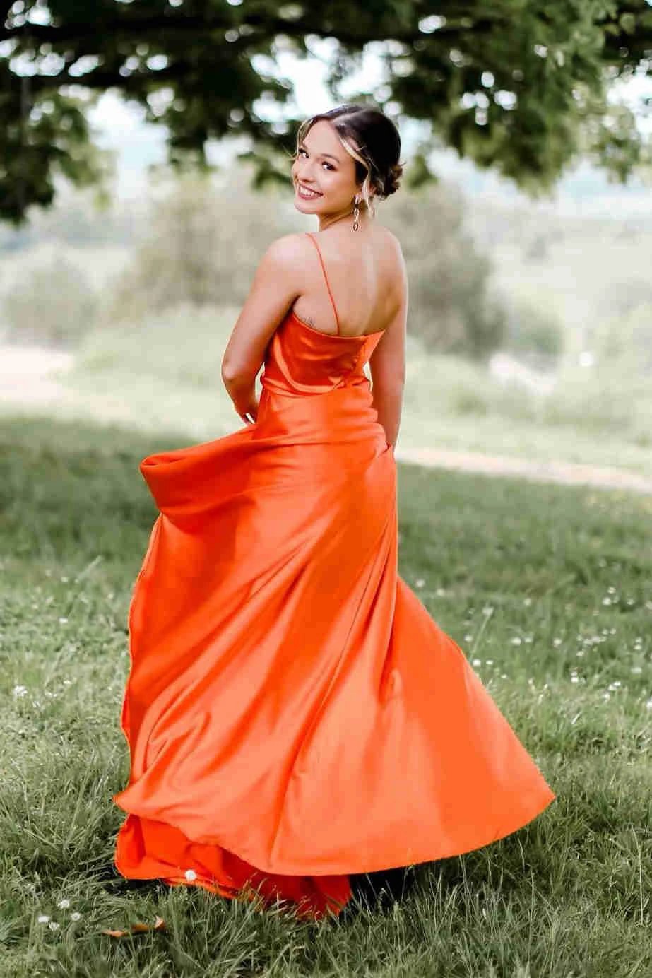 Cowl Neck Satin Formal Dress With Slit SYP122 by vivymakudress