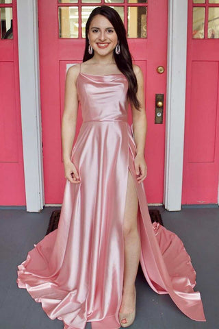 Vestido formal de satén con cuello vuelto y abertura SYP122
