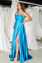 Cowl Neck Satin Formal Dress With Slit SYP122 by vivymakudress