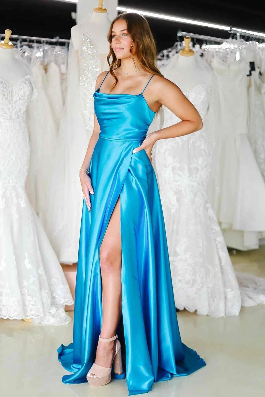 Cowl Neck Satin Formal Dress With Slit SYP122 by vivymakudress