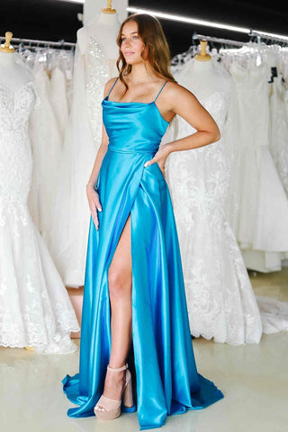 Vestido formal de satén con cuello vuelto y abertura SYP122