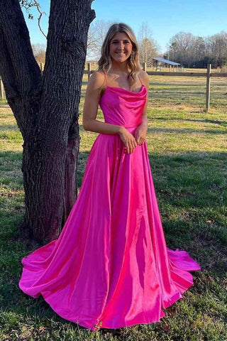 Vestido formal de satén con cuello vuelto y abertura SYP122