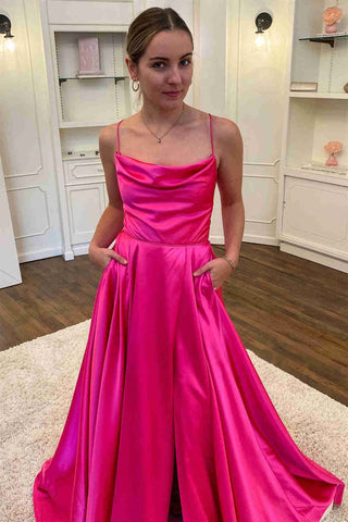 Vestido formal de satén con cuello vuelto y abertura SYP122