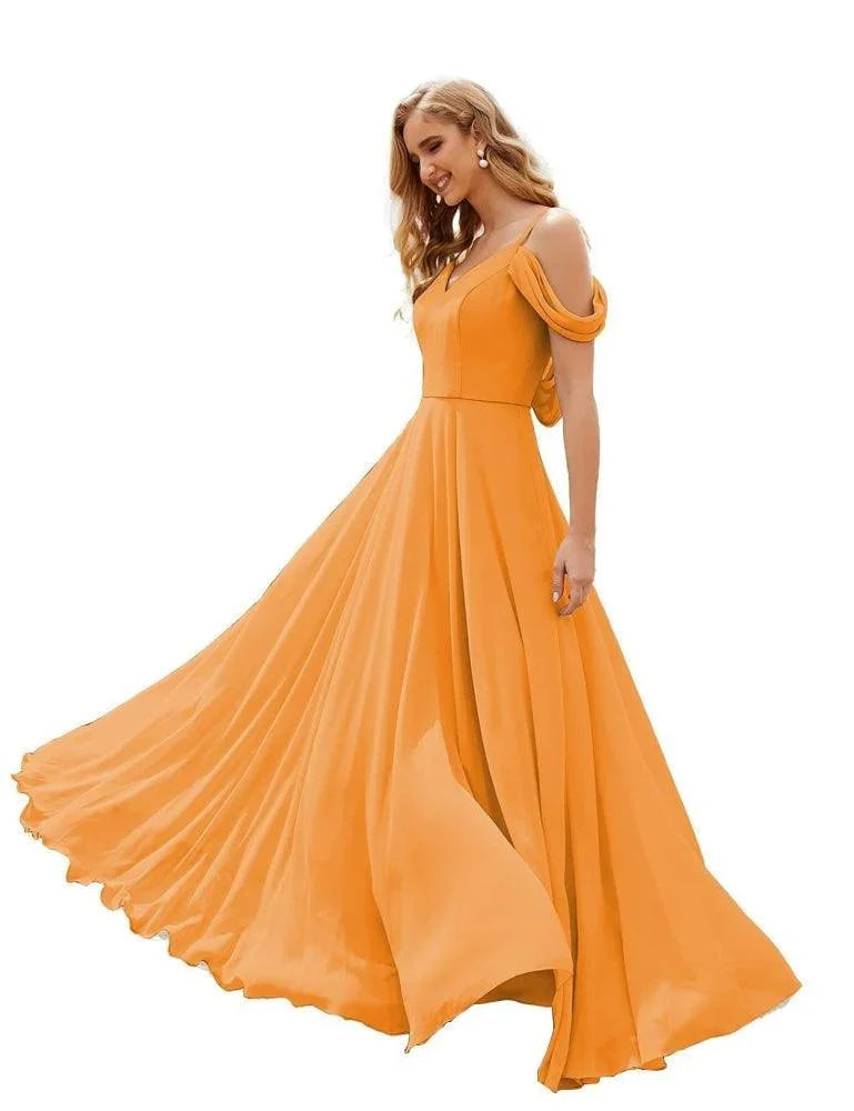 Abiti da damigella d'onore in chiffon con spalle scoperte Numbersea, lunghi maxi formali per ballo e festa per donne SEA28059