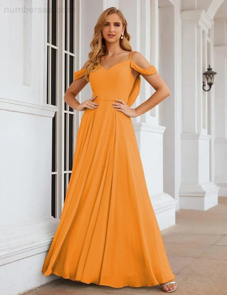 Abiti da damigella d'onore in chiffon con spalle scoperte Numbersea, lunghi maxi formali per ballo e festa per donne SEA28059