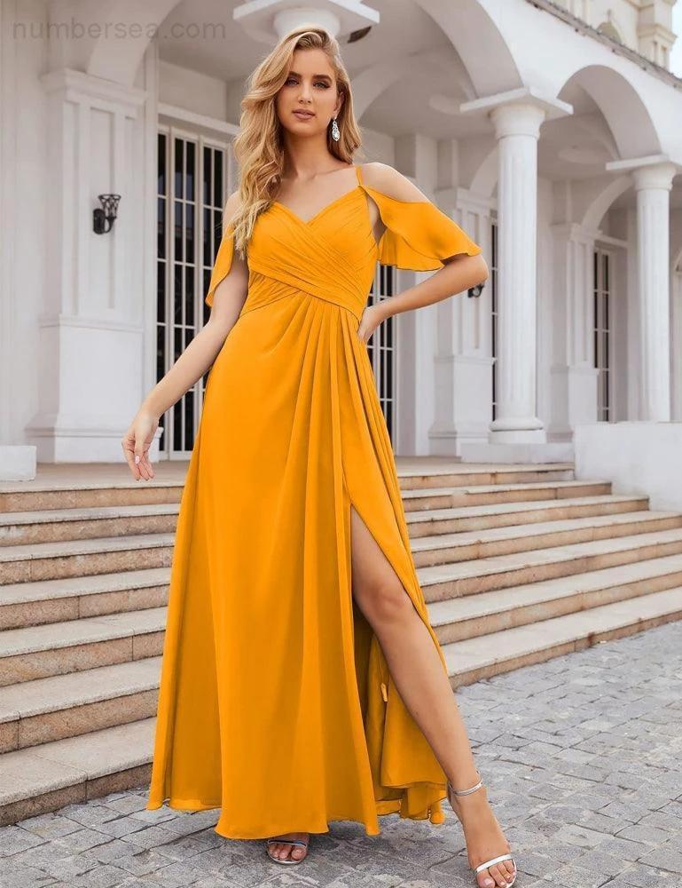 Numbersea Chiffon Cold Shoulder Long Bridesmaid Dresses Plus Size Formal Prom Gowns for Women Party Wedding SEA28070 by numbersea