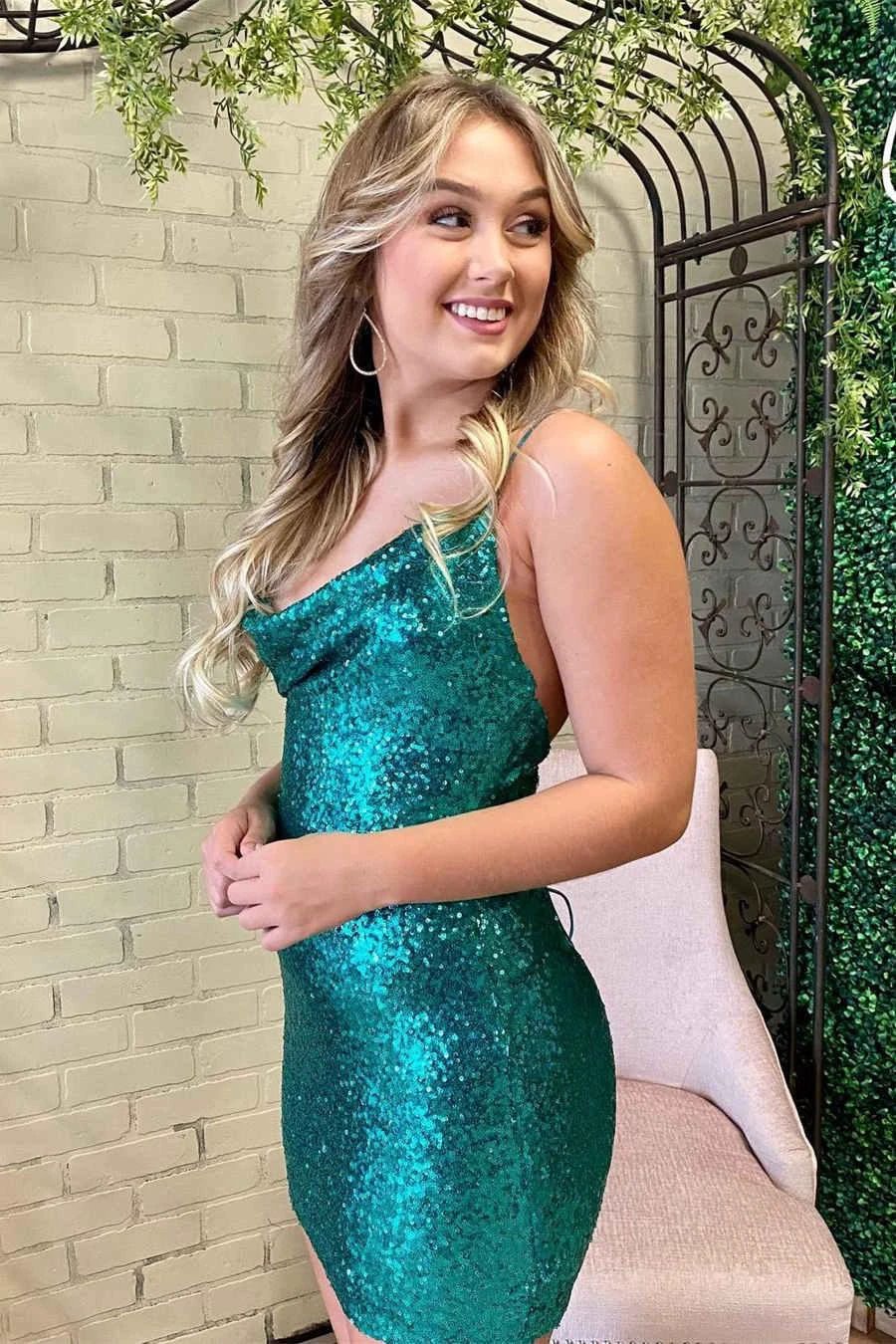 Crew Neck Green Sequins Short Homecoming Dress SYH33 by vivymakudress