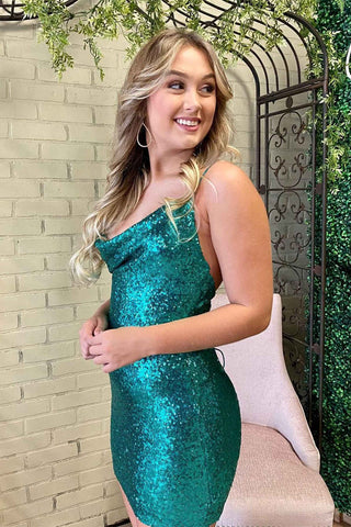 Vestido corto de fiesta con cuello redondo y lentejuelas verdes SYH33