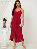 Numbersea Spaghetti Chiffon V Neck Bridesmaid Dress Mid-Length Slit Formal Prom Dress Homecoming Dress 2803 by numbersea