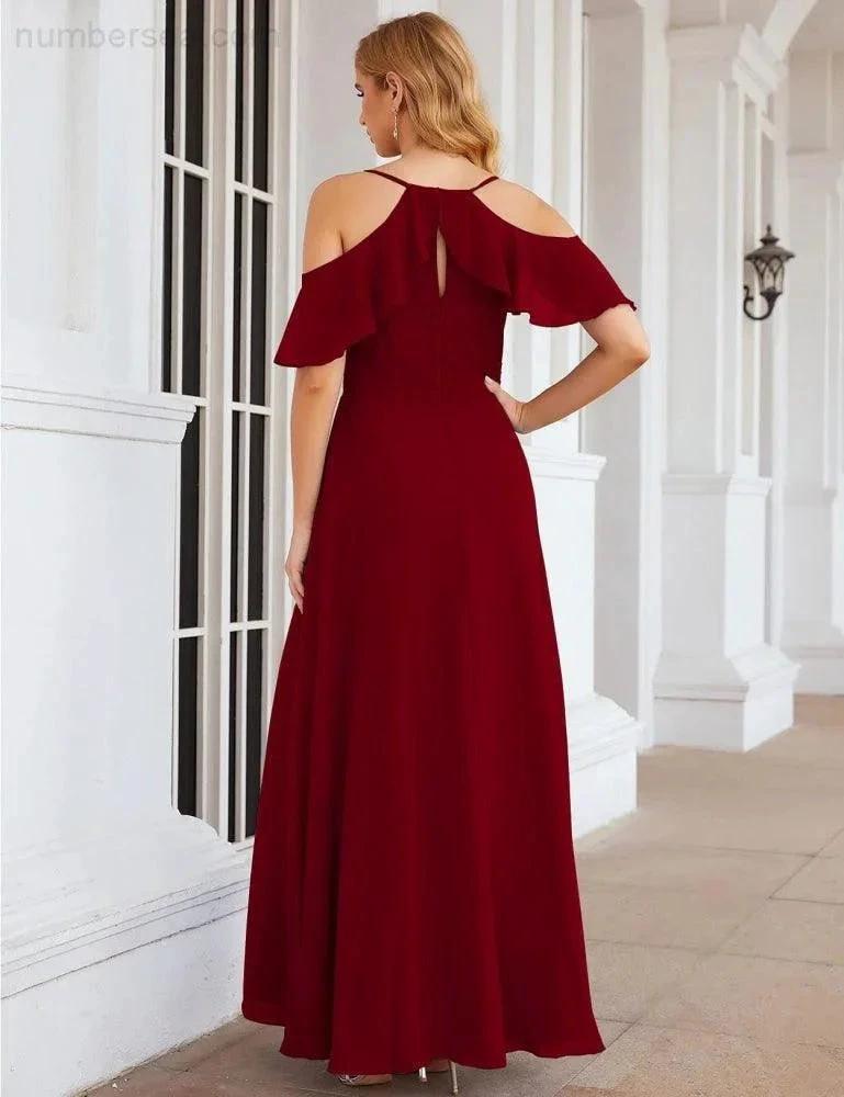 Numbersea Chiffon Cold Shoulder Long Bridesmaid Dresses Plus Size Formal Prom Gowns for Women Party Wedding SEA28070 by numbersea
