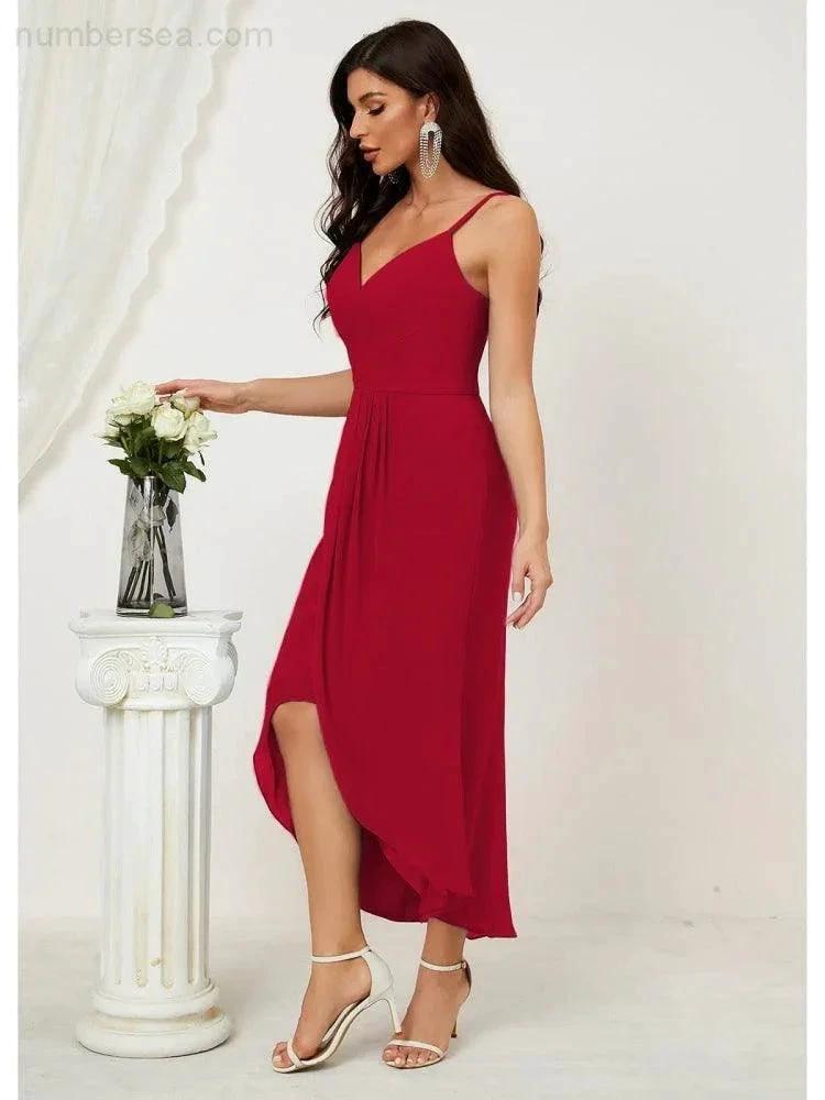 Numbersea Spaghetti Chiffon V Neck Bridesmaid Dress Mid-Length Slit Formal Prom Dress Homecoming Dress 2803 by numbersea