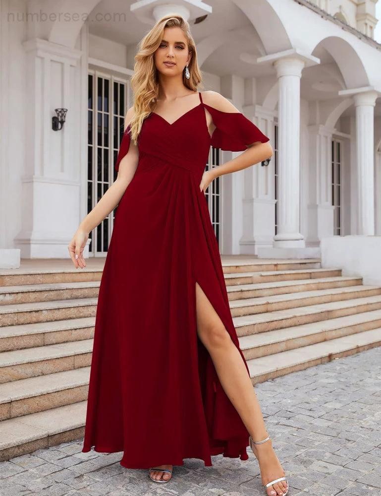 Numbersea Chiffon Cold Shoulder Long Bridesmaid Dresses Plus Size Formal Prom Gowns for Women Party Wedding SEA28070 by numbersea
