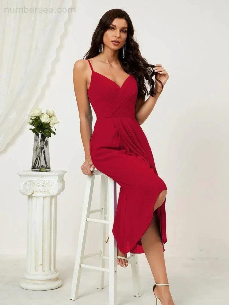 Numbersea Spaghetti Chiffon V Neck Bridesmaid Dress Mid-Length Slit Formal Prom Dress Homecoming Dress 2803 by numbersea