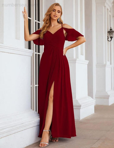 Numbersea Chiffon Cold Shoulder Long Bridesmaid Dresses Plus Size Formal Prom Gowns for Women Party Wedding  SEA28070