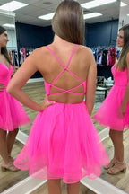 Criss Cross Back Hot Pink Straps A-Line Tulle Homecoming Dress PD487 by pgmdress