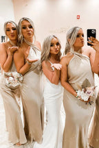 Cross Front Halter Champagne Floor Length Bridesmaid Dress BD098 by pgmdress