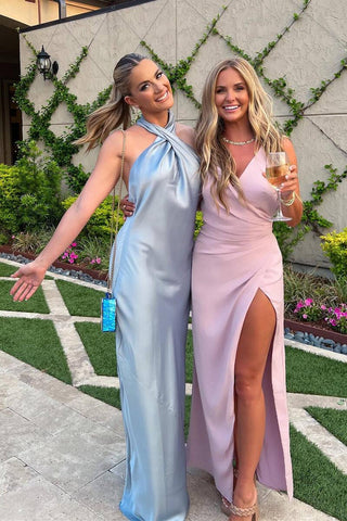 Cross Front Halter Champagne Floor Length Bridesmaid Dress  BD098