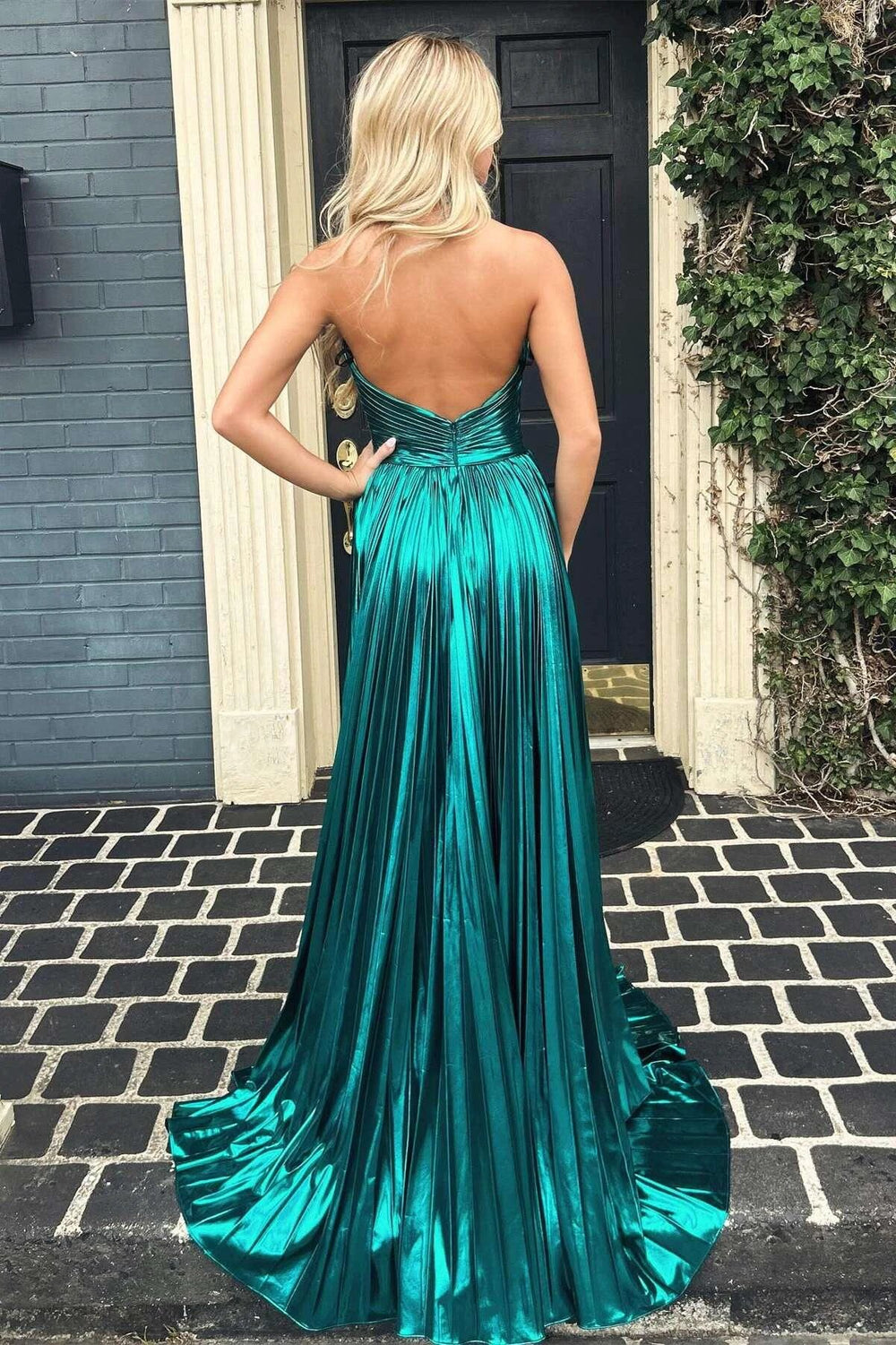 Peacock Blue Halter Neck A-Line Long Prom Dress With Split by Kissprom