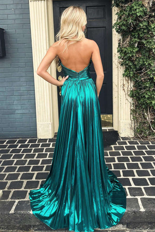 Vestido de fiesta largo azul pavo real con escote halter y corte A con abertura