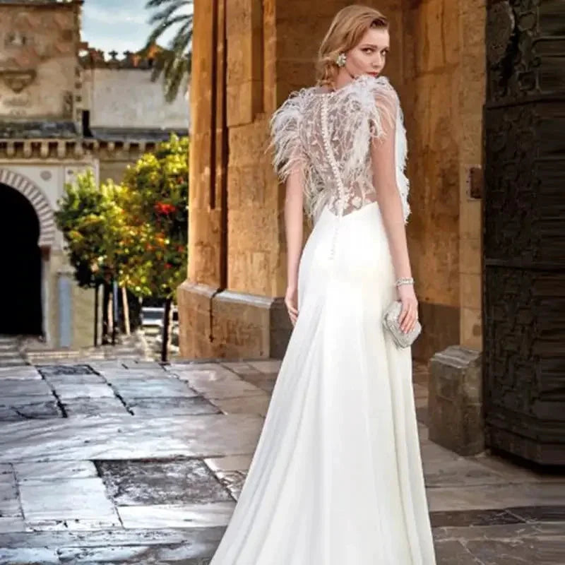 Custom Made Feather Mermaid Elegant V-neck Sleeveless Stain Wedding Dress Vestido De Novia Bridal Gown For Women by payinti